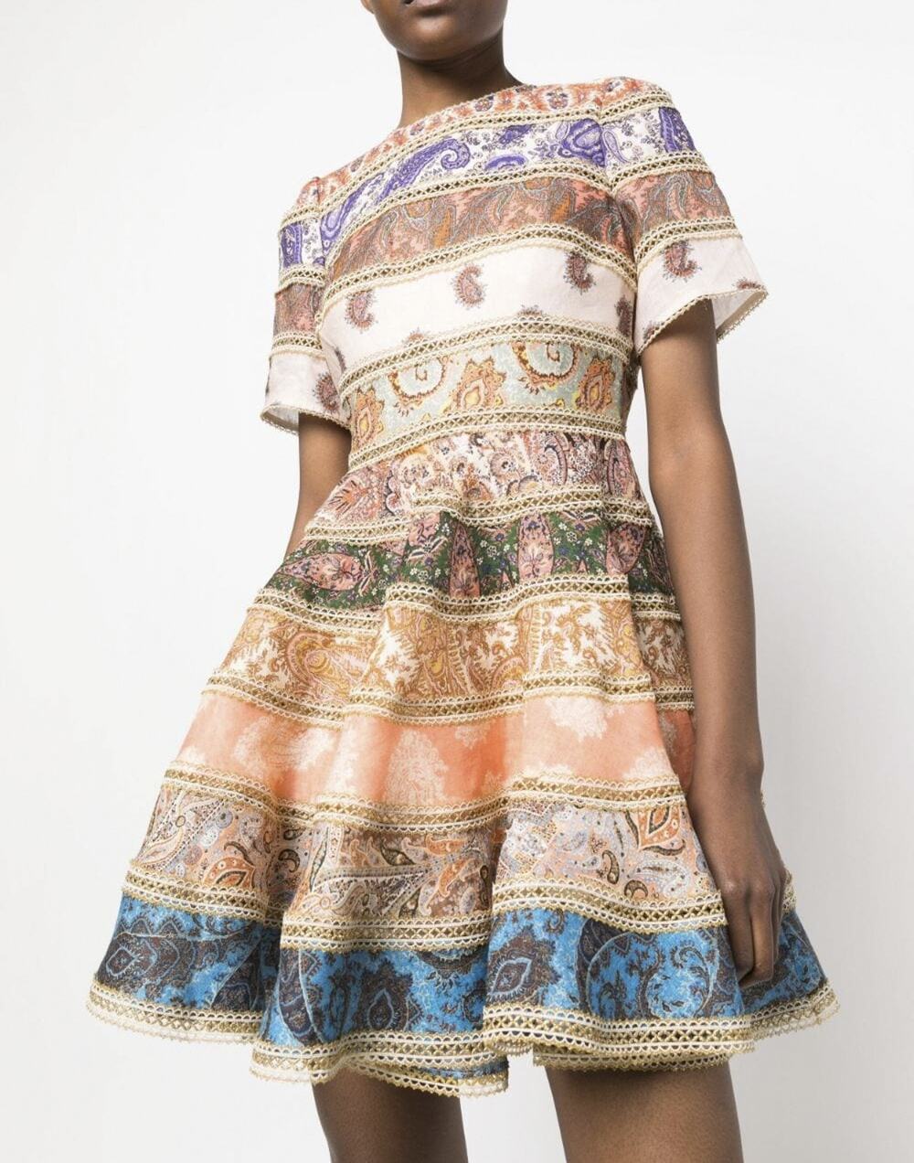 Zimmermann Devi Spliced Linen Paisley Print Fit Flare Mini Dress Size 0P